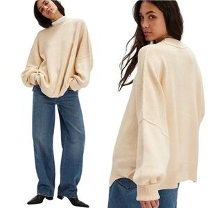 Free People Easy Street Tunic Sweater Oversized Slouchy Ribbed Beige Large